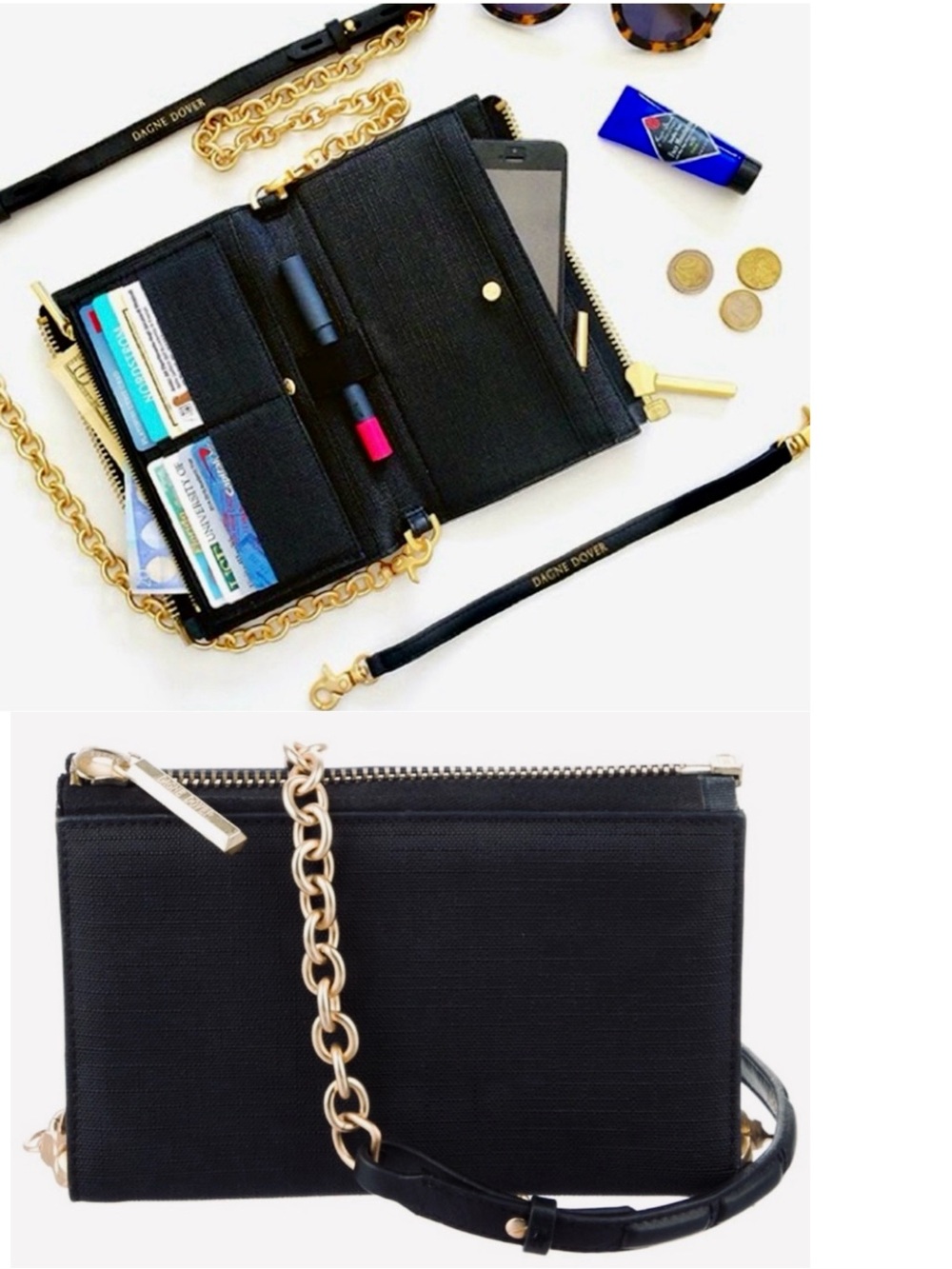 DAGNE DOVER Black Clutch Gold Chain Link Crossbody Bag Purse w Built-In Wallet